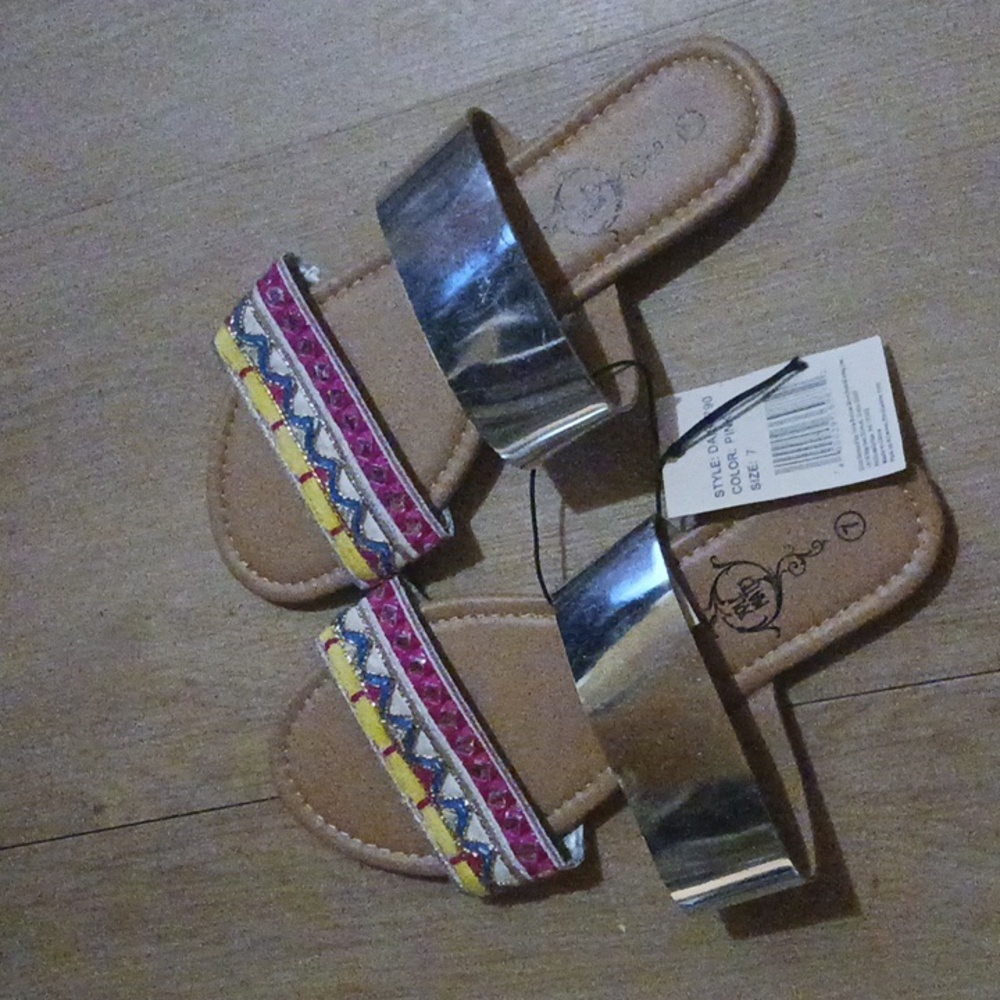 Shoes  Strap Sandals Summer Beach Shoes Silver Pink Flats  Sole Mates